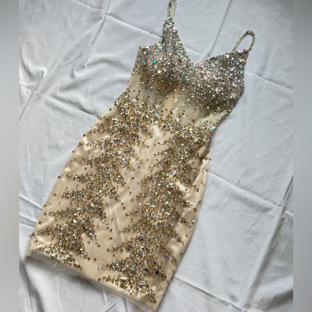 Champagne gold beaded sequin mini dress